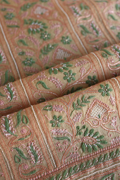 Musk Melon Shade Noor Banarasi Organza Chikankari Unstitched Fabric