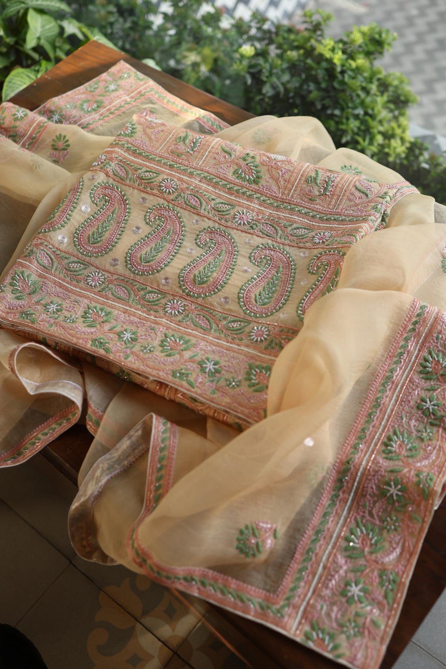 Musk Melon Shade Noor Banarasi Organza Chikankari Unstitched Fabric