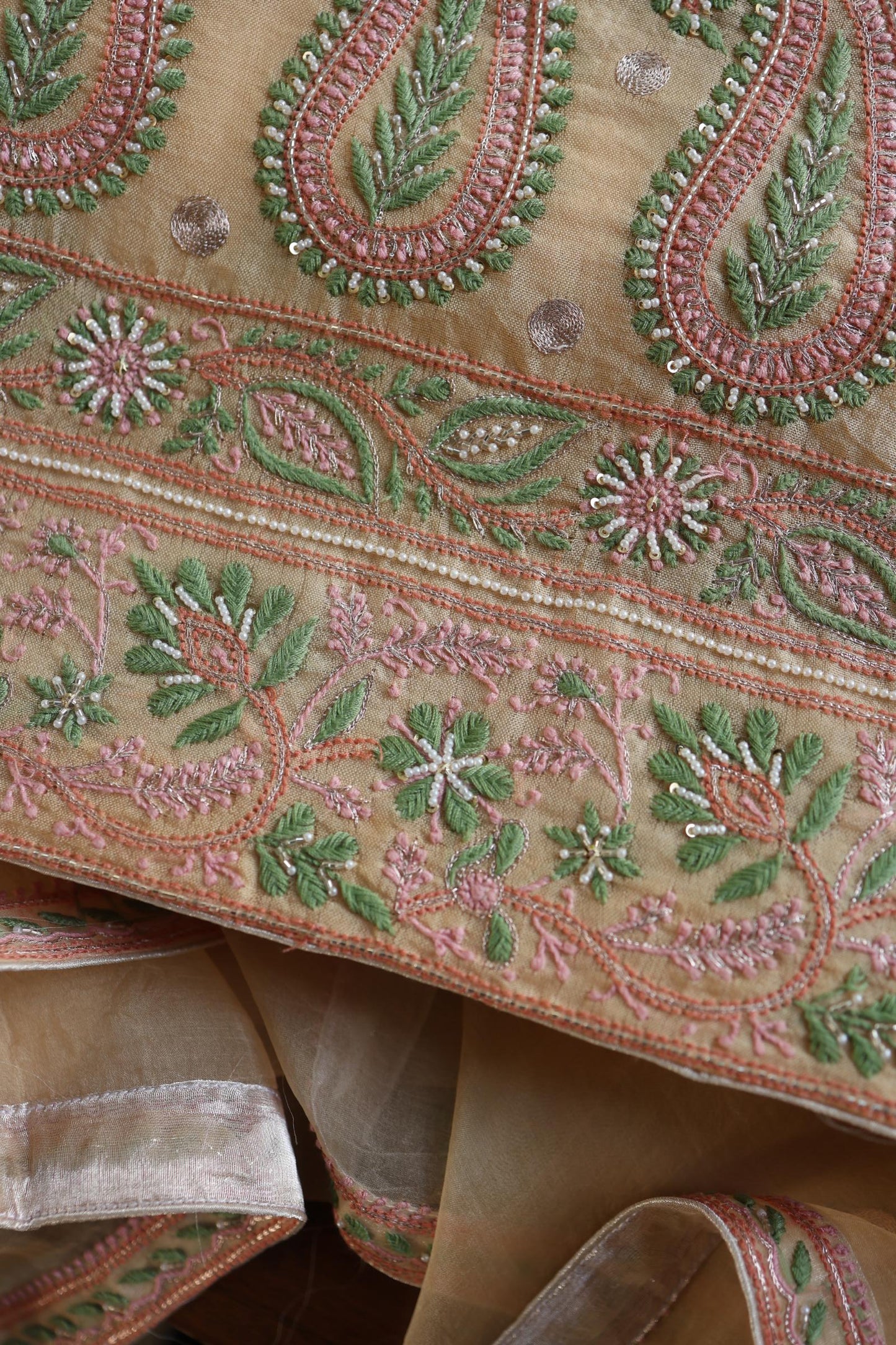 Musk Melon Shade Noor Banarasi Organza Chikankari Unstitched Fabric
