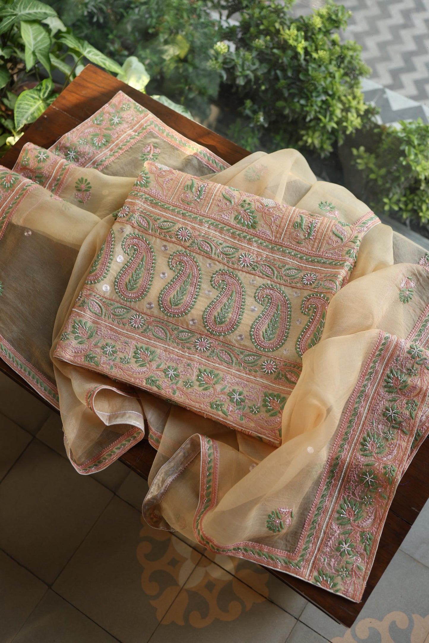 Musk Melon Shade Noor Banarasi Organza Chikankari Unstitched Fabric