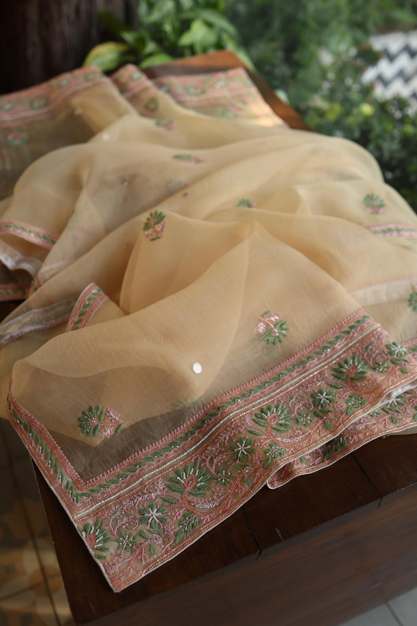 Musk Melon Shade Noor Banarasi Organza Chikankari Unstitched Fabric