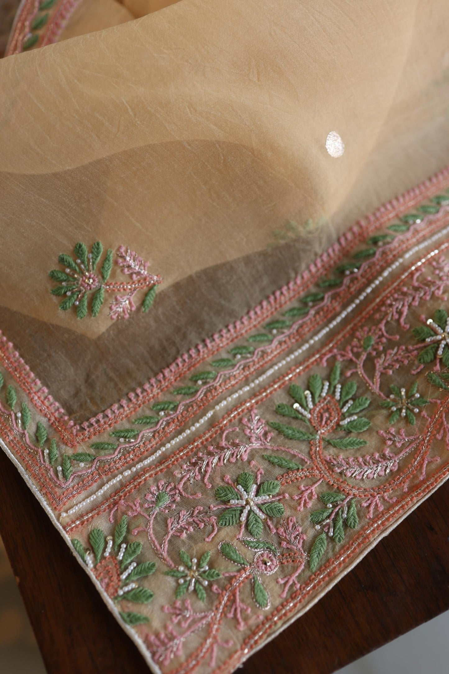 Musk Melon Shade Noor Banarasi Organza Chikankari Unstitched Fabric