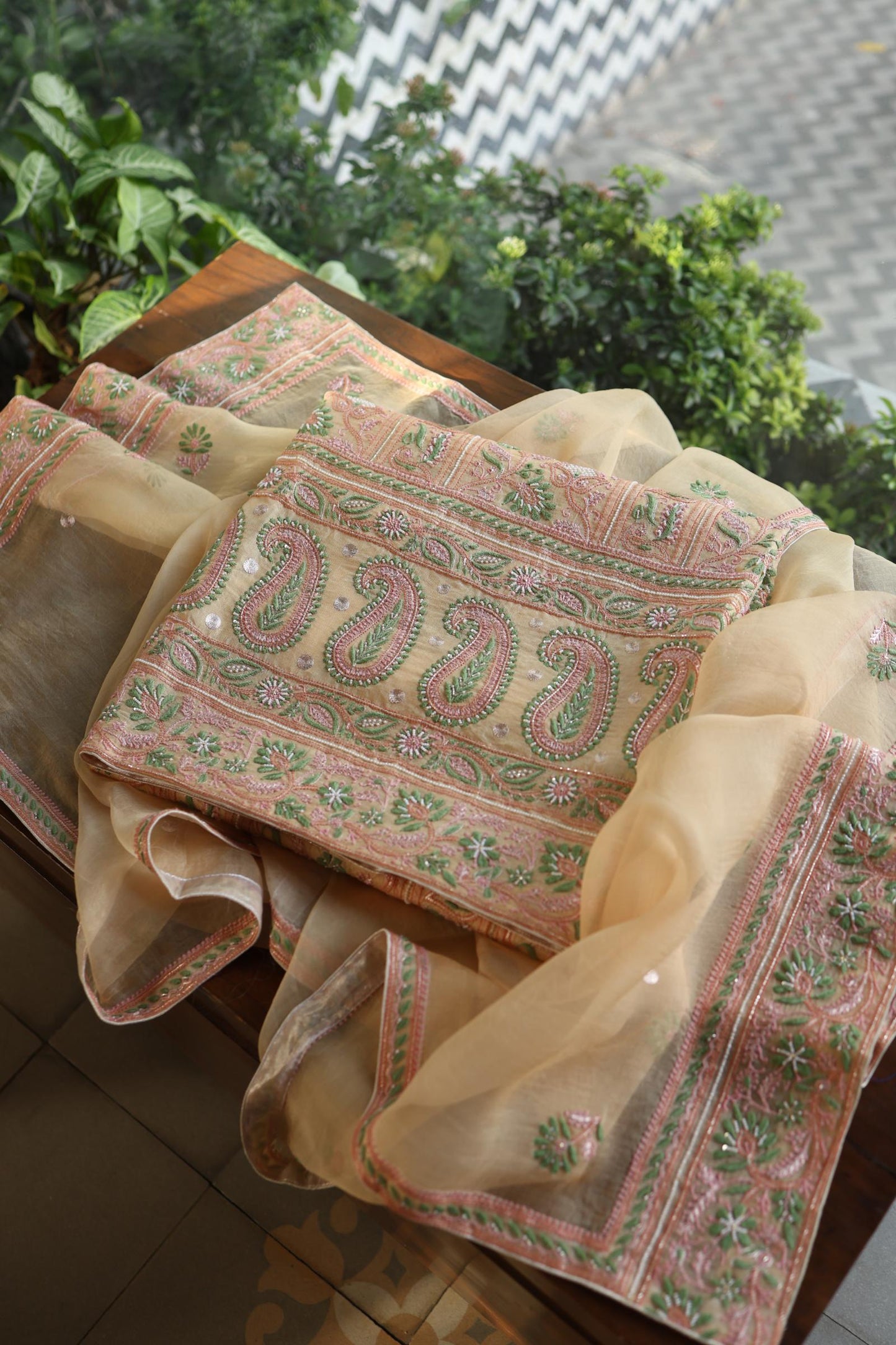 Musk Melon Shade Noor Banarasi Organza Chikankari Unstitched Fabric
