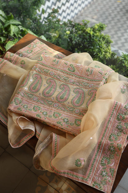 Musk Melon Shade Noor Banarasi Organza Chikankari Unstitched Fabric