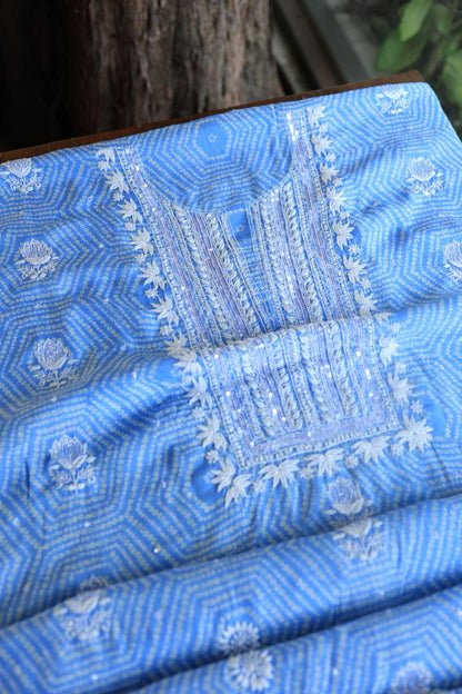 Blue Muslin Chikankari Unstitched Women's Kurta Fabric