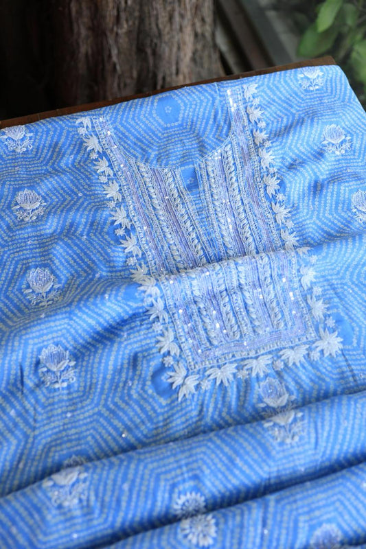 Blue Muslin Chikankari Unstitched Women's Kurta Fabric