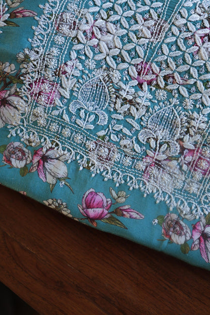 Blue Multi Thread Muslin Chikankari Kurta Fabric