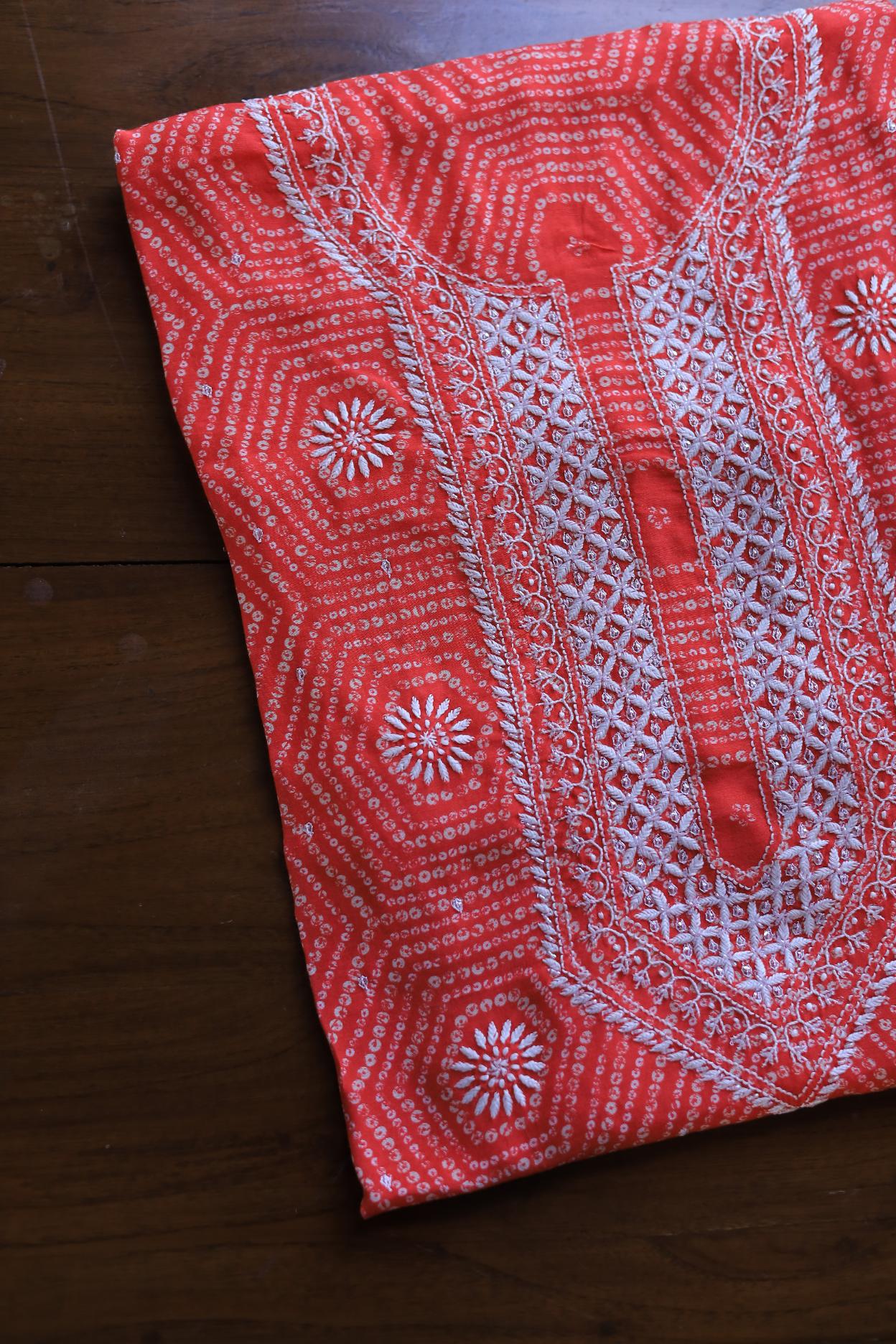 Carrot Pink Muslin Chikankari Unstitched Women's Kurta Fabrics