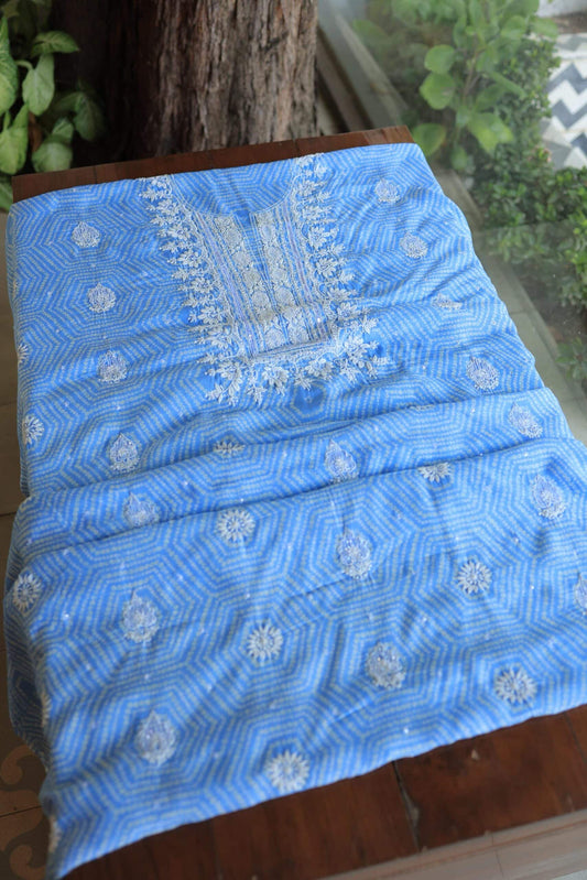 Blue Floral Muslin Chikankari Kurta Fabric