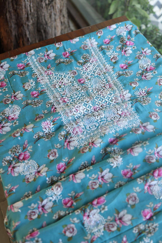 Blue Multi Thread Muslin Chikankari Kurta Fabric