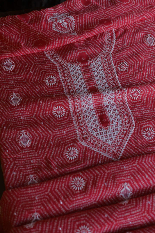Carrot Pink Muslin Chikankari Unstitched Women's Kurta Fabrics
