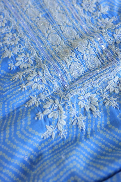 Blue Floral Muslin Chikankari Kurta Fabric