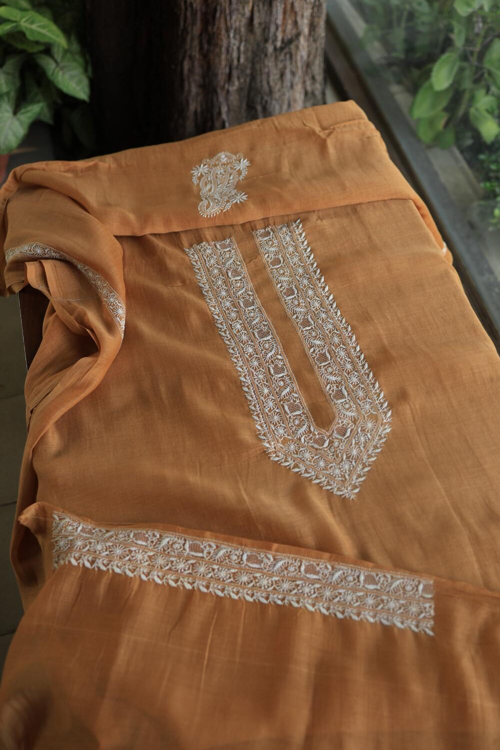 Mustard Mulmul Chikankari Unstitched Men's Kurtas Fabrics