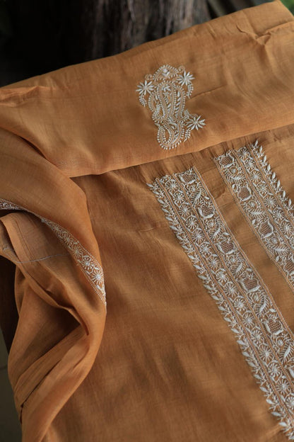Mustard Mulmul Chikankari Unstitched Men's Kurtas Fabrics