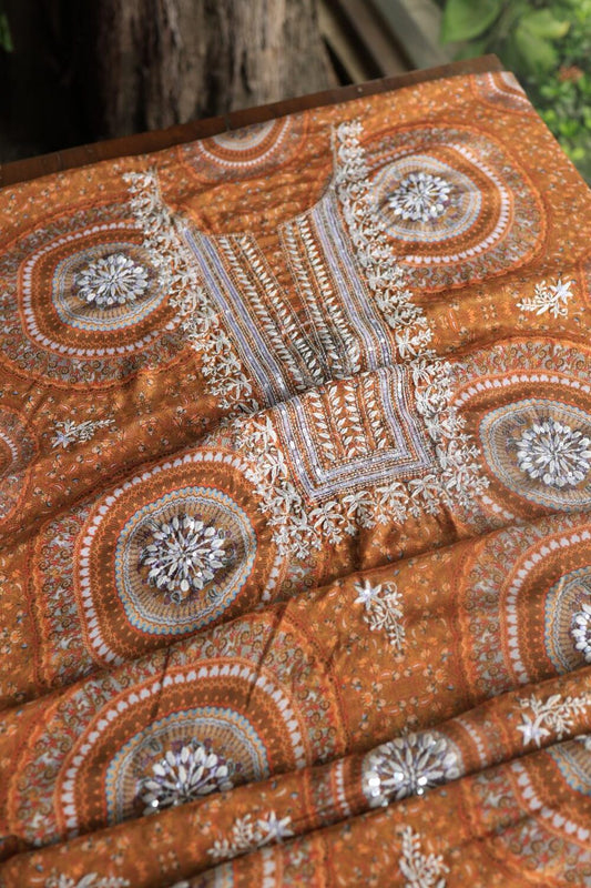 Mustard Muslin Chikankari Unstitched Women's Kurta Fabric
