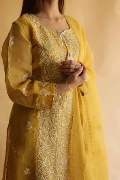 Mustard Noor Organza Silk Chikankari Straight Cut Kurta Dupatta Set