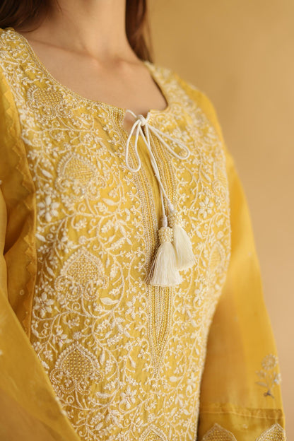 Mustard Noor Organza Silk Chikankari Straight Cut Kurta Dupatta Set