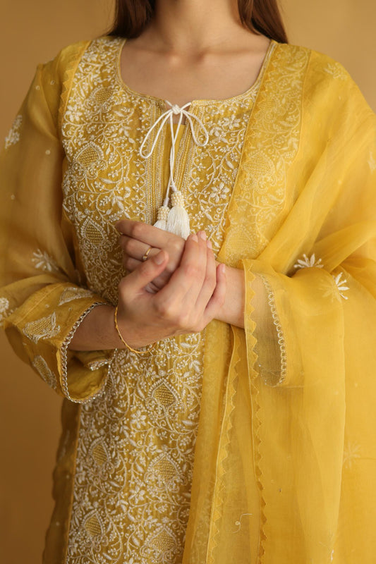 Mustard Noor Organza Silk Chikankari Straight Cut Kurta Dupatta Set