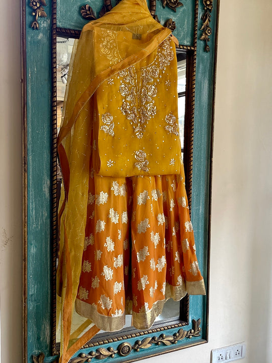 Mustard Gold Foil Print Organza Chikankari Ready to Wear Sharara Set