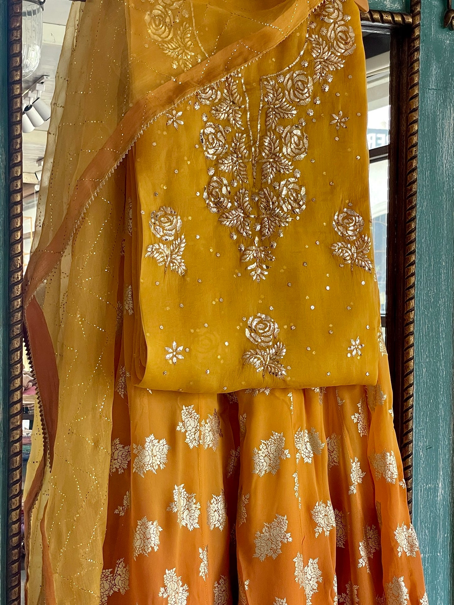 Mustard Gold Foil Print Organza Chikankari Ready to Wear Sharara Set