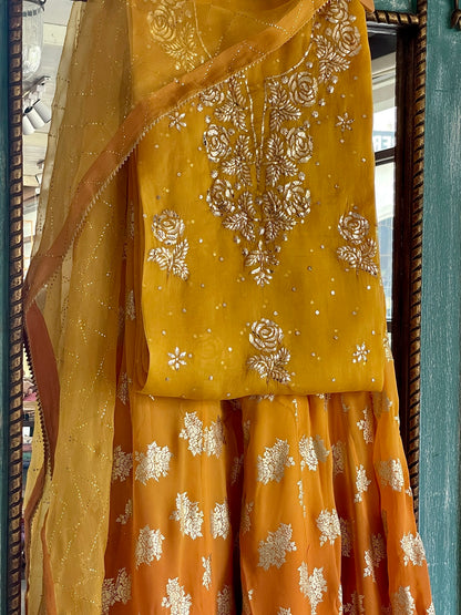 Mustard Gold Foil Print Organza Chikankari Ready to Wear Sharara Set