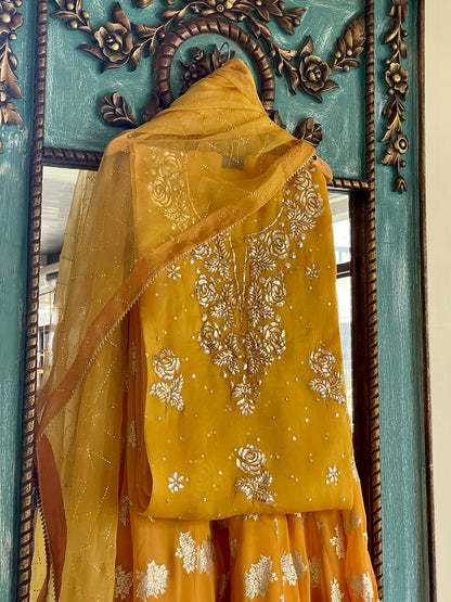 Mustard Gold Foil Print Organza Chikankari Ready to Wear Sharara Set