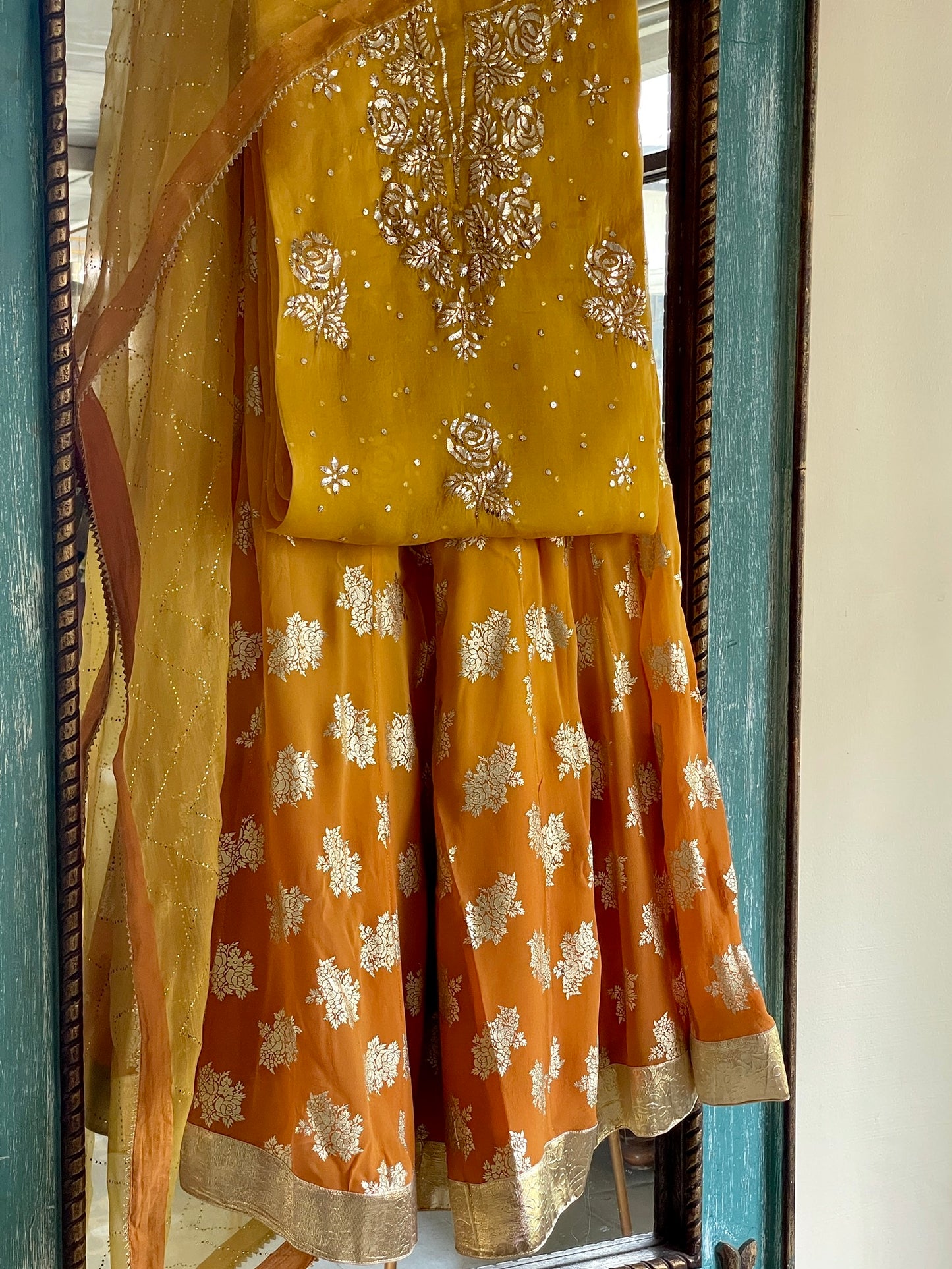 Mustard Gold Foil Print Organza Chikankari Ready to Wear Sharara Set