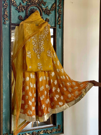 Mustard Gold Foil Print Organza Chikankari Ready to Wear Sharara Set
