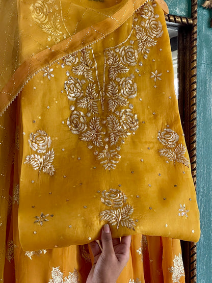 Mustard Gold Foil Print Organza Chikankari Ready to Wear Sharara Set