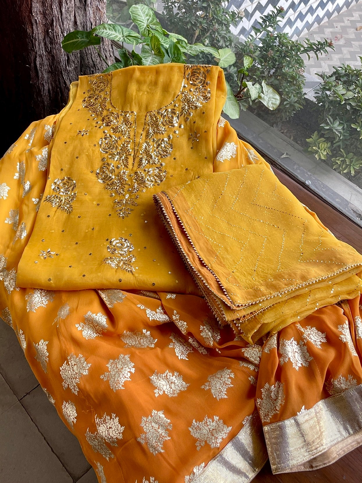Mustard Gold Foil Print Organza Chikankari Ready to Wear Sharara Set