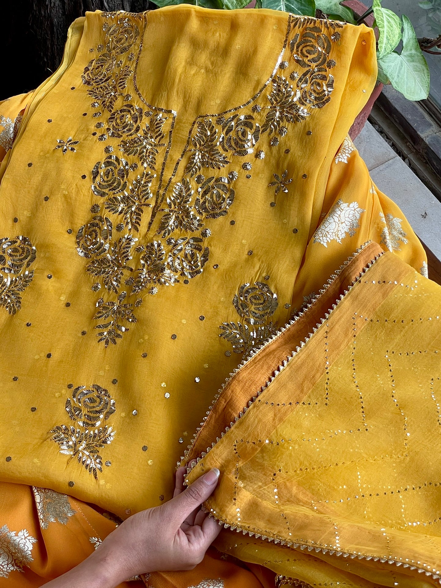 Mustard Gold Foil Print Organza Chikankari Ready to Wear Sharara Set