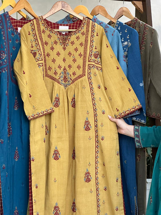 Mustard Handspun Malkha Chikankari Panel Tunic
