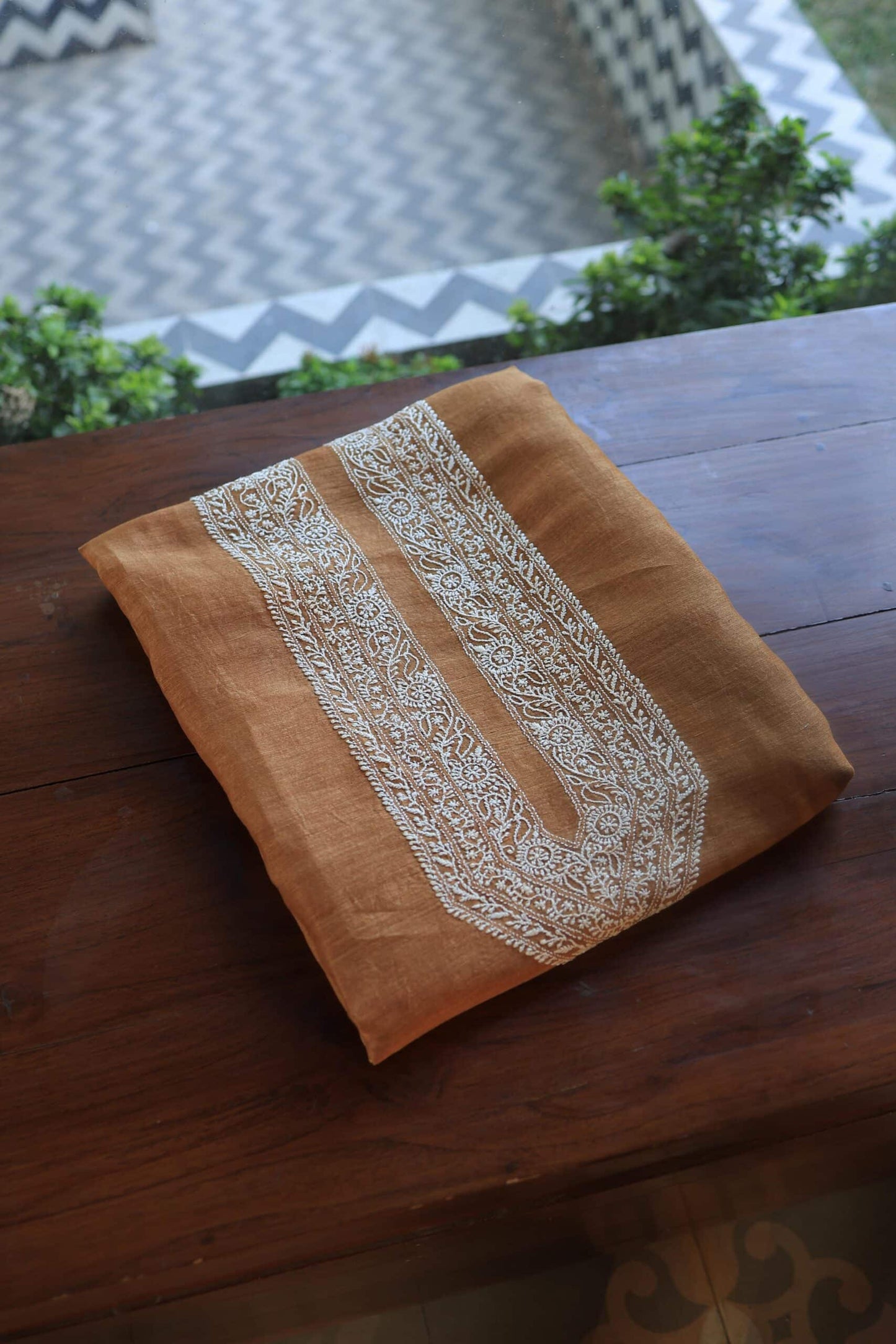 Mustard Linen Chikankari Unstitched Men's Kurtas Fabric