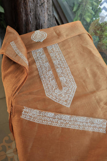 Mustard Linen Chikankari Unstitched Men's Kurtas Fabric