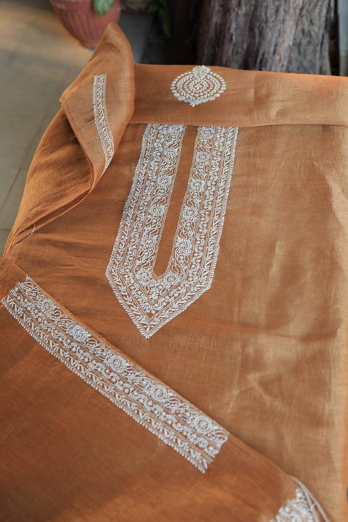 Mustard Linen Chikankari Unstitched Men's Kurtas Fabric