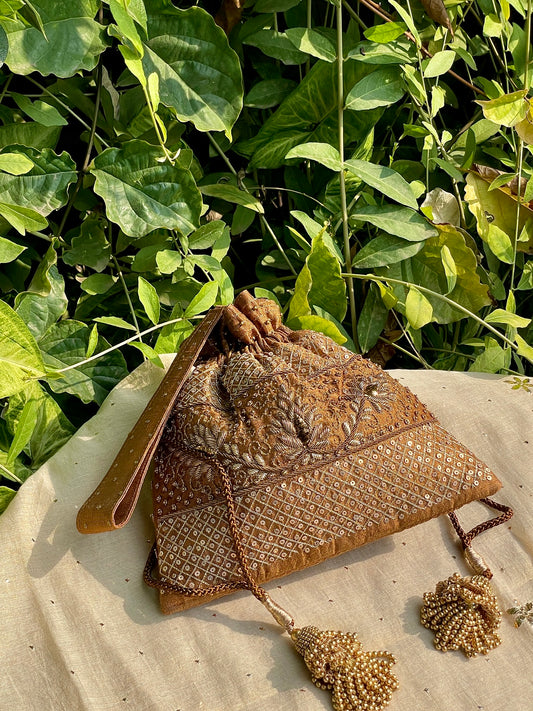 Mustard Raw Silk Peacock Motif Zardosi Polti Bags