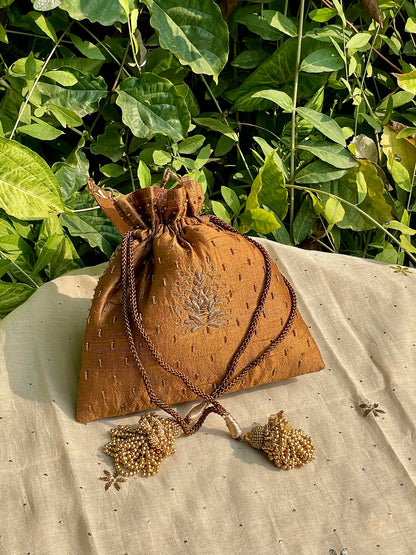 Mustard Raw Silk Peacock Motif Zardosi Polti Bags