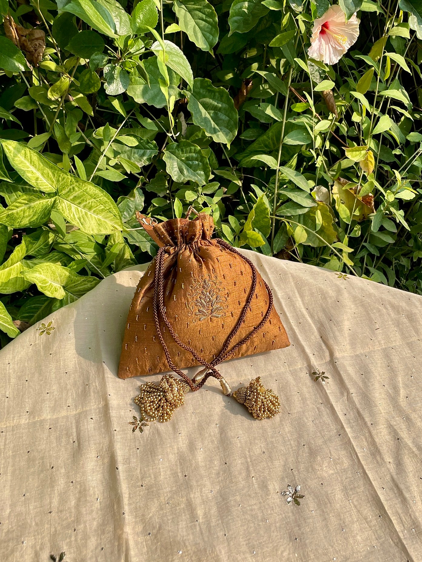 Mustard Raw Silk Peacock Motif Zardosi Polti Bags