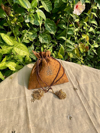 Mustard Raw Silk Peacock Motif Zardosi Polti Bags