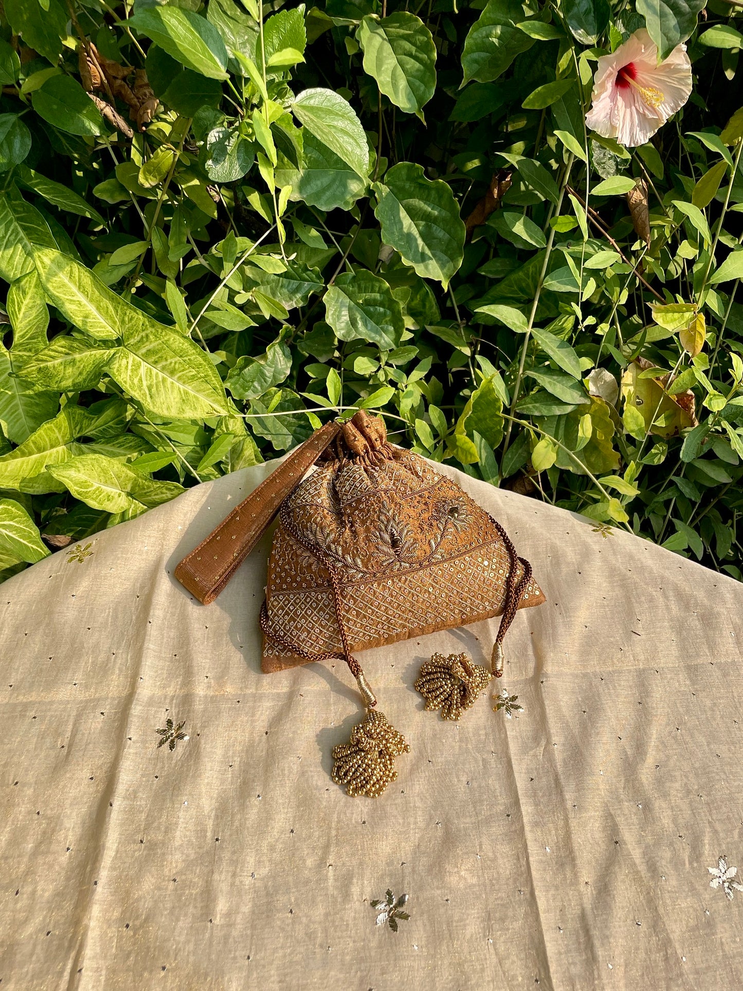 Mustard Raw Silk Peacock Motif Zardosi Polti Bags