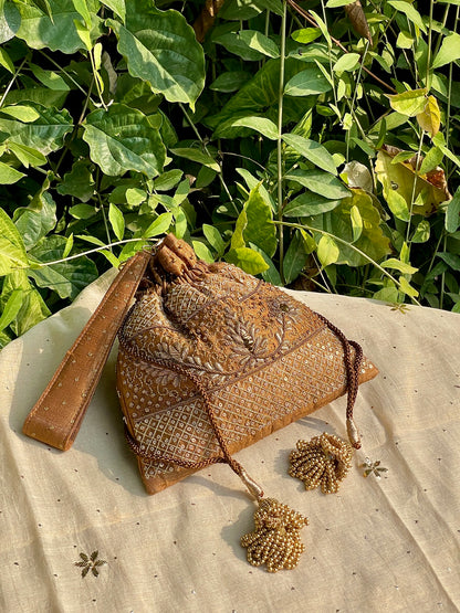 Mustard Raw Silk Peacock Motif Zardosi Polti Bags