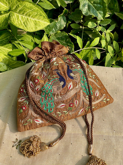 Mustard Raw Silk Peacock Motif Zardosi Polti Bags