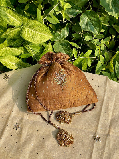 Mustard Raw Silk Peacock Motif Zardosi Polti Bags