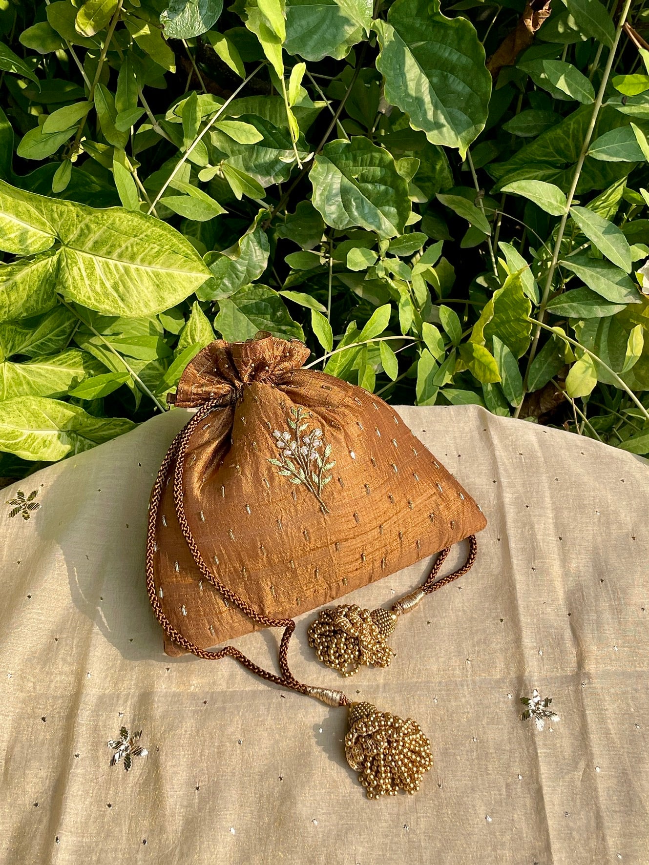 Mustard Raw Silk Peacock Motif Zardosi Polti Bags