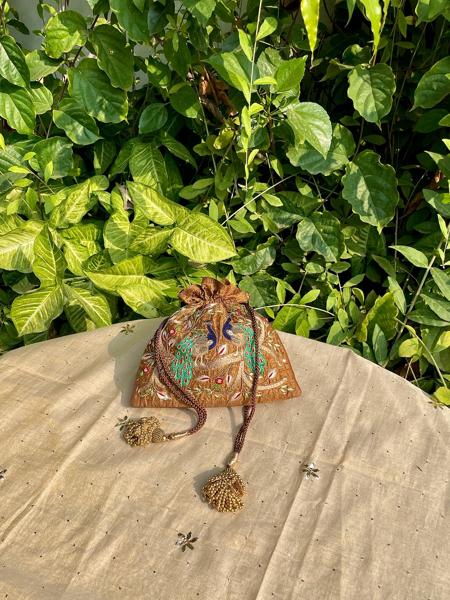 Mustard Raw Silk Peacock Motif Zardosi Polti Bags