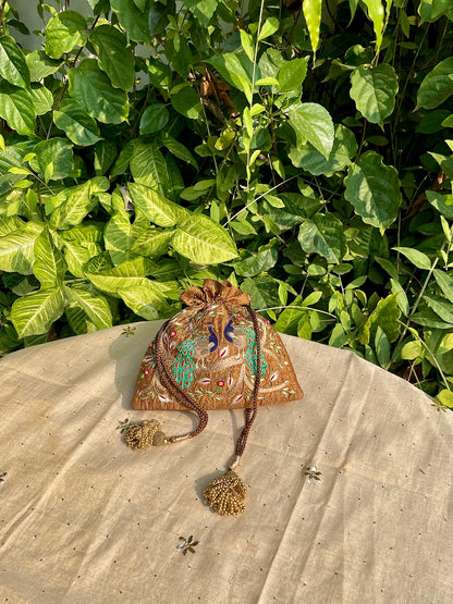 Mustard Raw Silk Peacock Motif Zardosi Polti Bags