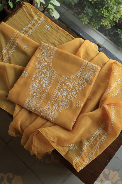 Mustard Shade Mal Cotton Fine Chikankari Unstitched Fabric