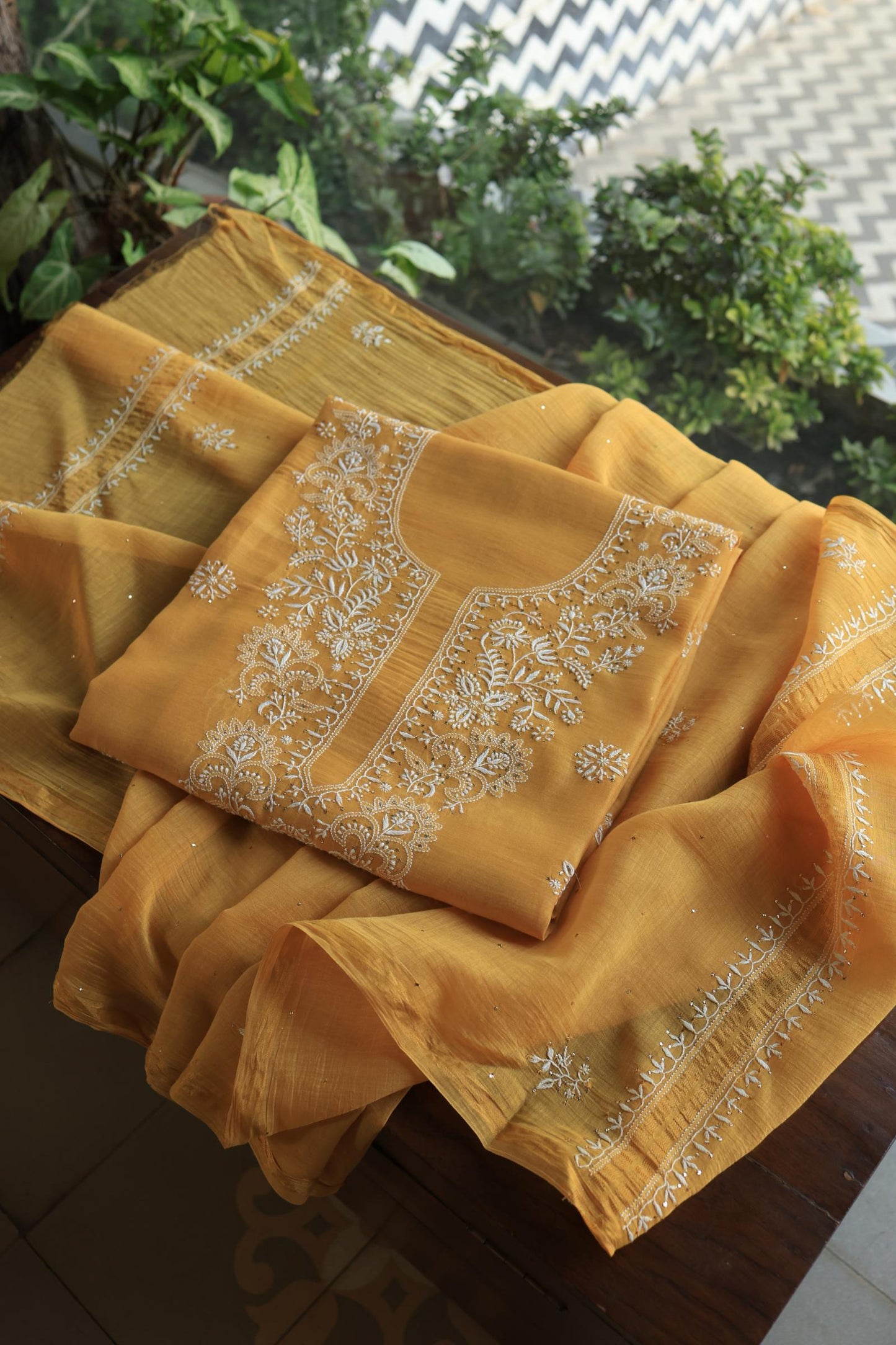 Mustard Shade Mal Cotton Fine Chikankari Unstitched Fabric