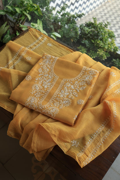 Mustard Shade Mal Cotton Fine Chikankari Unstitched Fabric