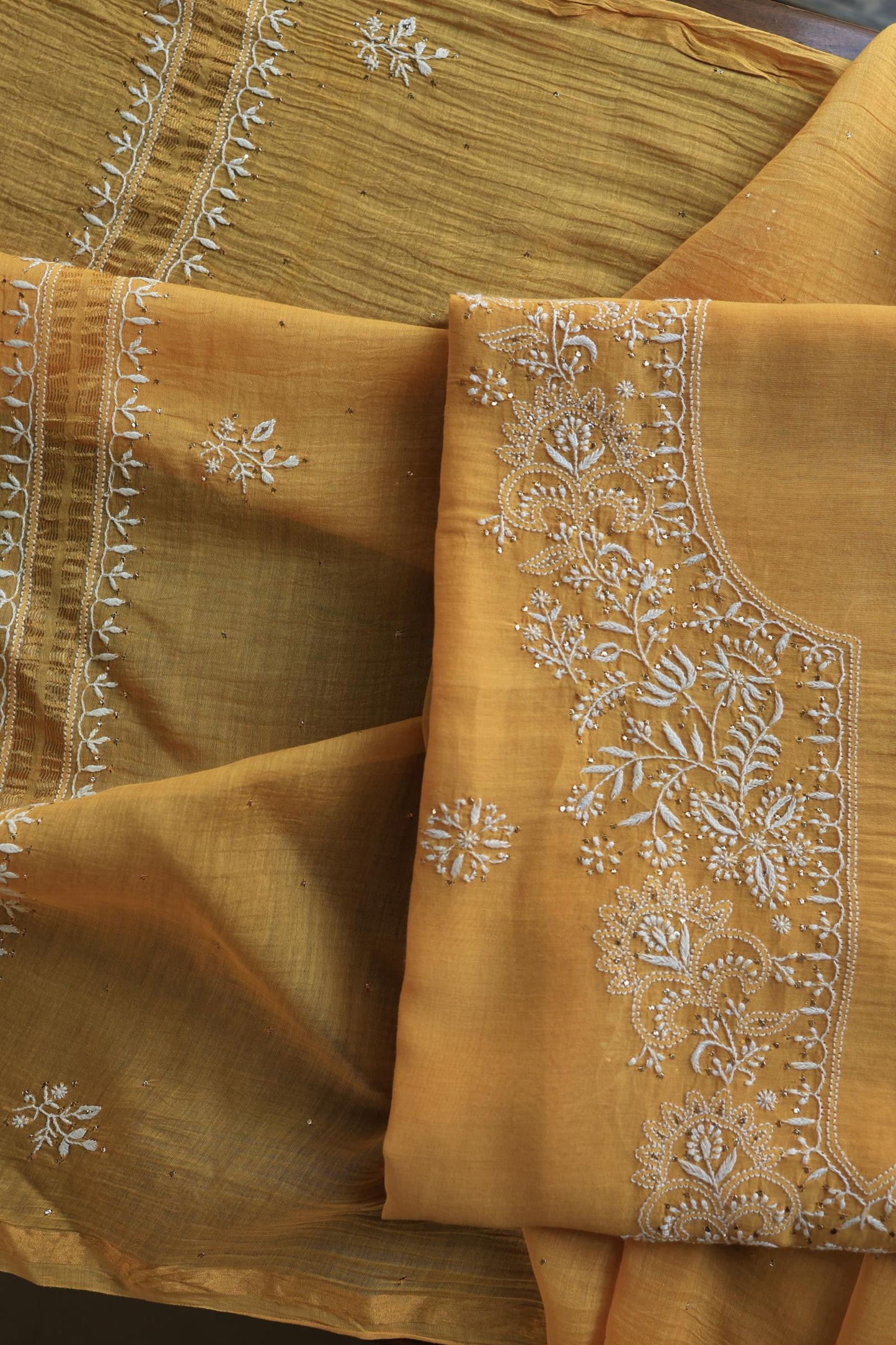 Mustard Shade Mal Cotton Fine Chikankari Unstitched Fabric